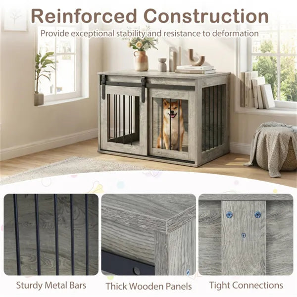 31.5" Dog Crate Furniture With Sliding Barn Door, Wooden Dog Kennel End Table For Indoor Use - Gray