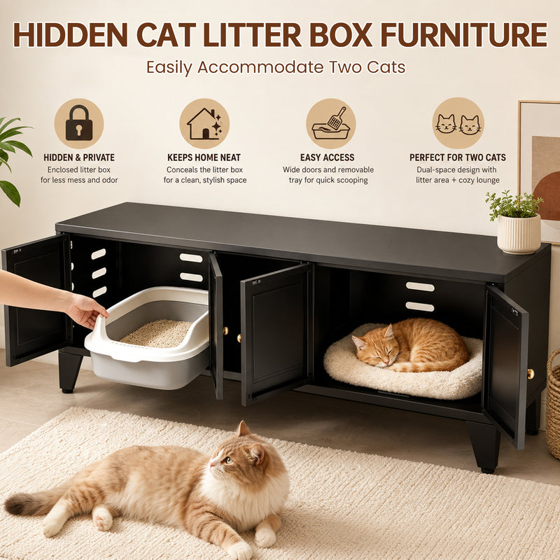 58in Metal Cat Litter Box Enclosure, Hidden Litter Furniture For 2 Cats, Large Indoor Cat House TV Stand Cabinet W Ventilation & 2 Compartments, Black Modern Pet Washroom W Adjustable Legs
