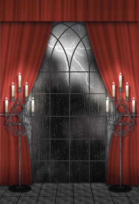 Renaiss 8x12ft Vintage Gothic Window Backdrop Red Curtain Candlestick Black Floor Lightning Stormy Sky Vampire Medieval Castle Photography Background Halloween Dress Up Party Decors Photo Booth Props
