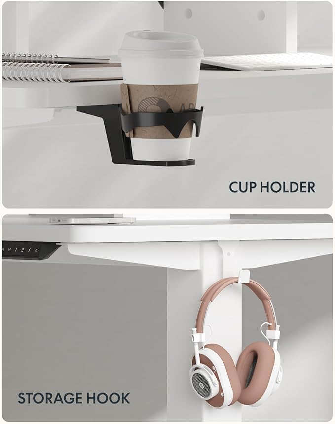FLEXISPOT 63 x 32 Inch Large Standing Desk, Stand Up Desk with Splice Board, Rising Desks for Home Office, Office Desk with Cup Holder and Headphone Hook (White Frame + White Top, 2 Packages)