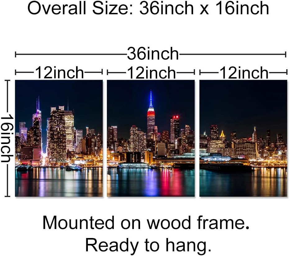 Biuteawal New York City Canvas Wall Art Manhattan Skyline Night View Picture Painting Modern Giclee Canvas Prints Home Office Living Room Wall Decoration