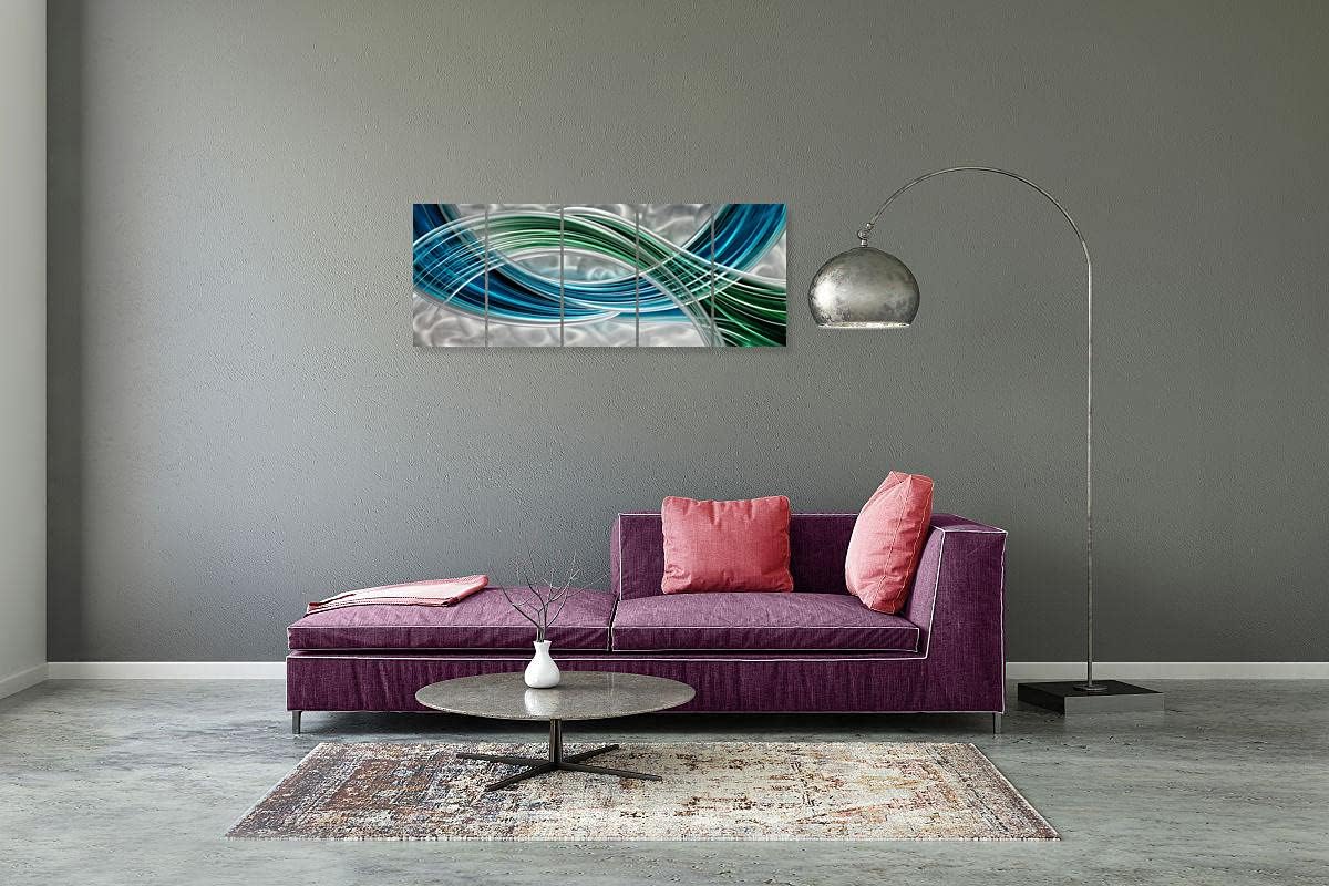 Yihui Arts Abstract Metal Wall Art - Hand Crafted 5 Pieces Panels Large Big Blue Teal Silver Unique 3D Aluminum Modern Contemporary Home Accent