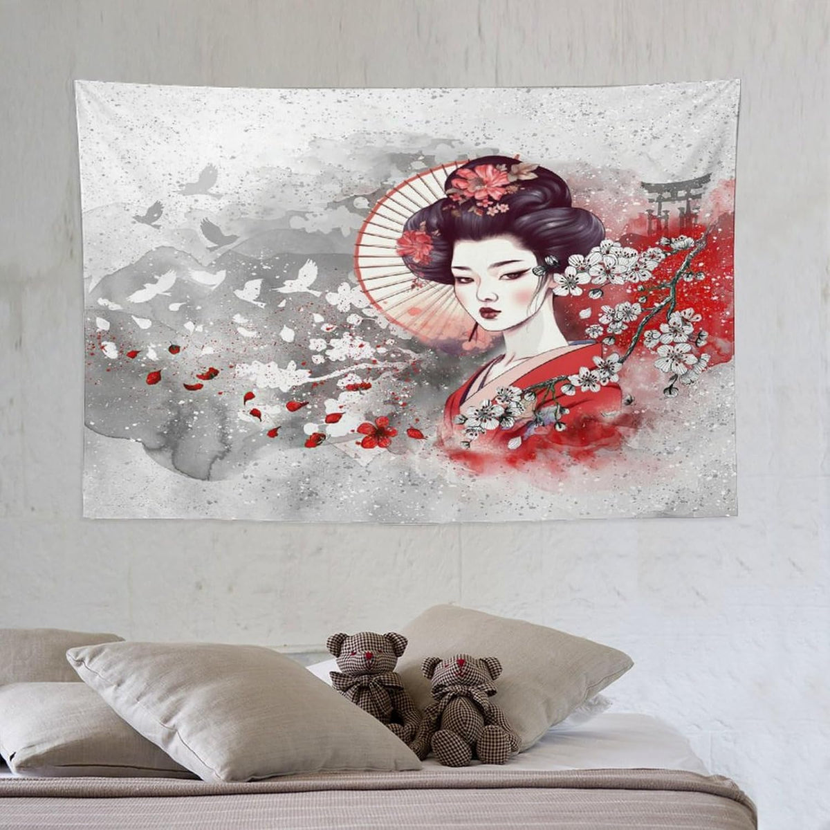 Japanese Geisha Tapestry Asian Red Cherry Blossom Traditional Kimono Folk Tapestries Home Decor for Living Room Bedroom Apartment Farmhouse Dorm 60"x40"