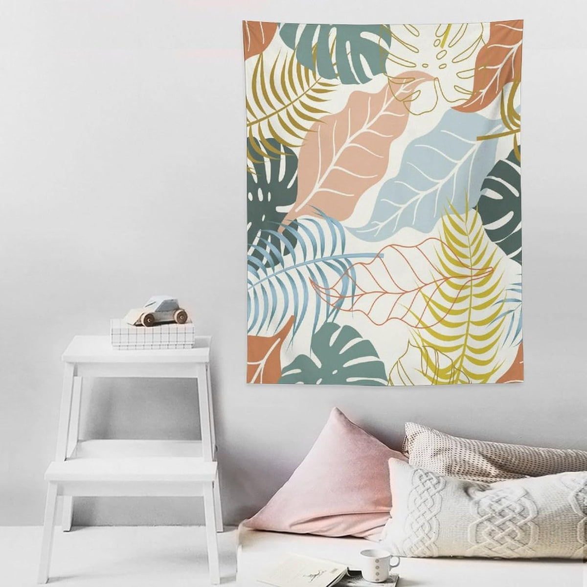 ICMOLYYENLO Boho Green Leaves Tapestry, Mid Century Abstract Tropical Palm Leaves Modern Minimalist Geometric Wall Hanging, Neutral Home Decor Art for Living Room Bedroom Dorm 50x60 Inch