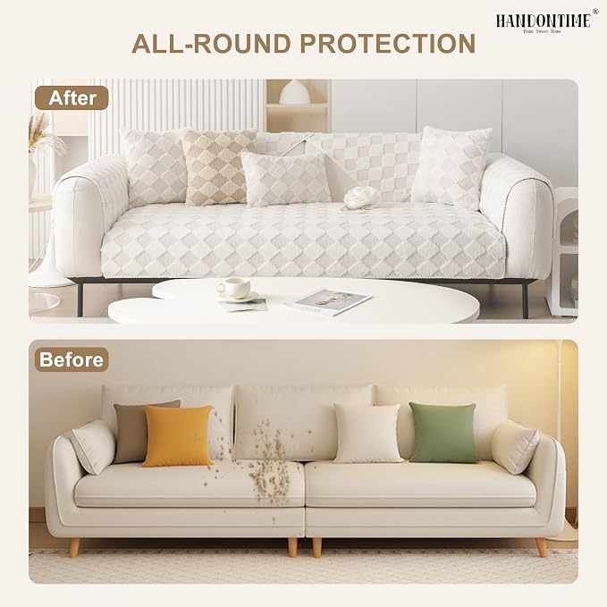 HANDONTIME Non-Slip Pet Couch Cover Washable, Plush Faux Fur Couch Protector for Cushion Pet-Friendly Sofa Covers for Dogs, Checkered Diamond Sectional Covers Dog Mat for Sofa (Ivory, 35.6" x 63")