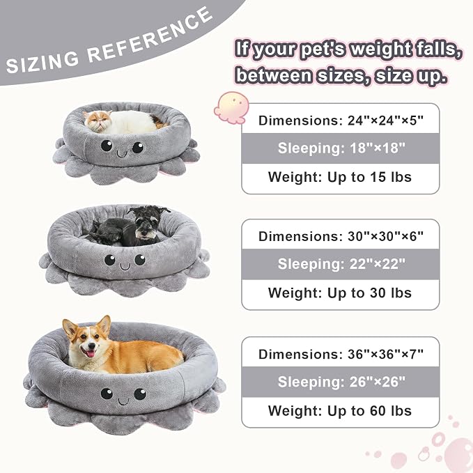 Cute Calming Dog Beds Clearance for Large and Extra Dogs, Anxiety Bolster Dog Bed with Octopus Shape, Grey, XL, Boho, Round Pet Bed Cat with Removable Cushion