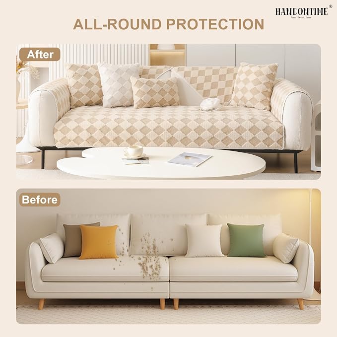 HANDONTIME Non-Slip Pet Couch Cover Washable, Plush Faux Fur Couch Protector for Cushion Pet-Friendly Sofa Covers for Dogs, Checkered Diamond Sectional Covers Dog Mat for Sofa (Khaki, 35.6" x 70.9")