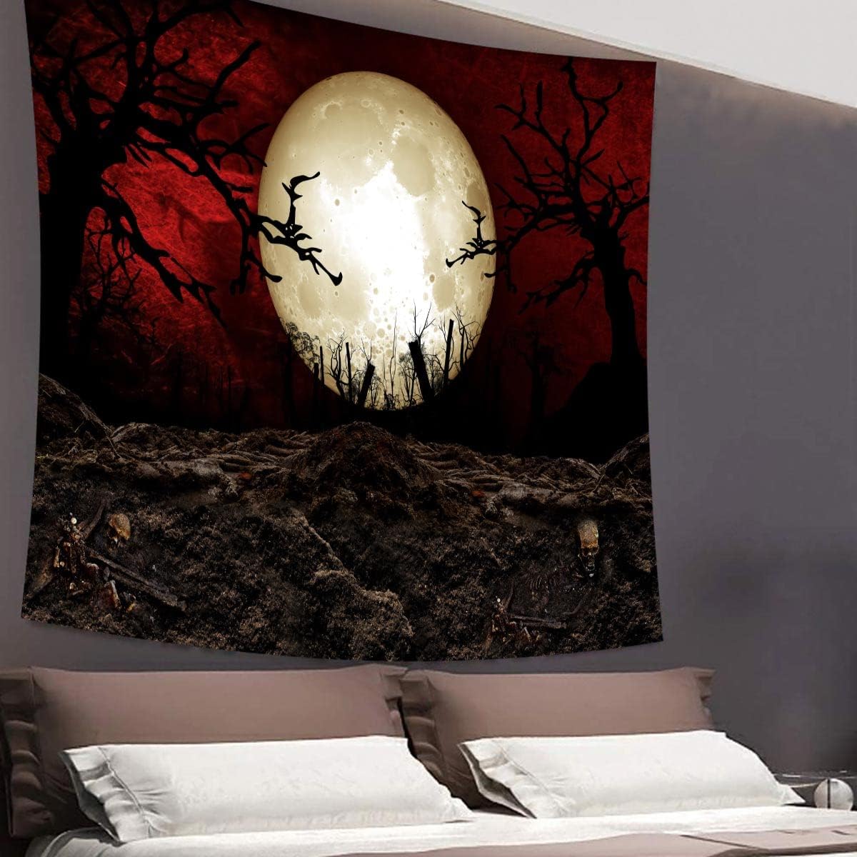 SHRAPHY Full Moon Tapestry 60x60 Inches Moon Horror Cemetery Scarlet Sky Tapestry Event Bedroom Home Decor GTLSUH1207