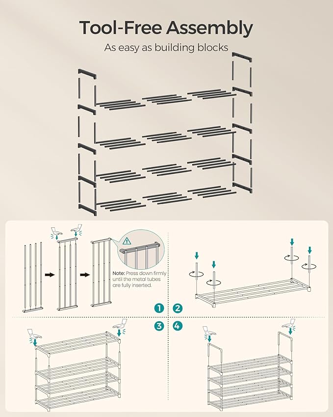 SONGMICS Shoe Rack, 4-Tier Shoe Organizer, Metal Storage Shelf, Upright or Upside Down, for 25-30 Pairs, Stackable, for Entryway, 11.8 x 46.1 x 29.5 Inches, Black ULSA034B01