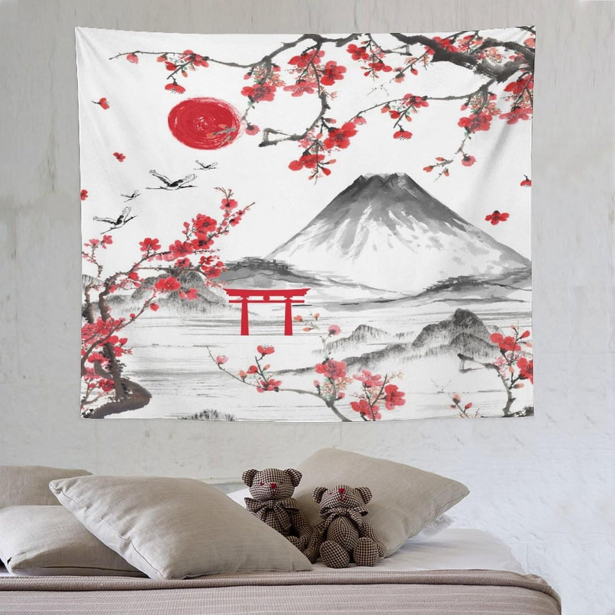 Red Cherry Blossoms Tapestry, Japanese Fuji Mountain Tapestry, Asian Japanese Wall Tapestry, Nature Landscape Tapestries for Bedroom Living Room Decor 60"x50"