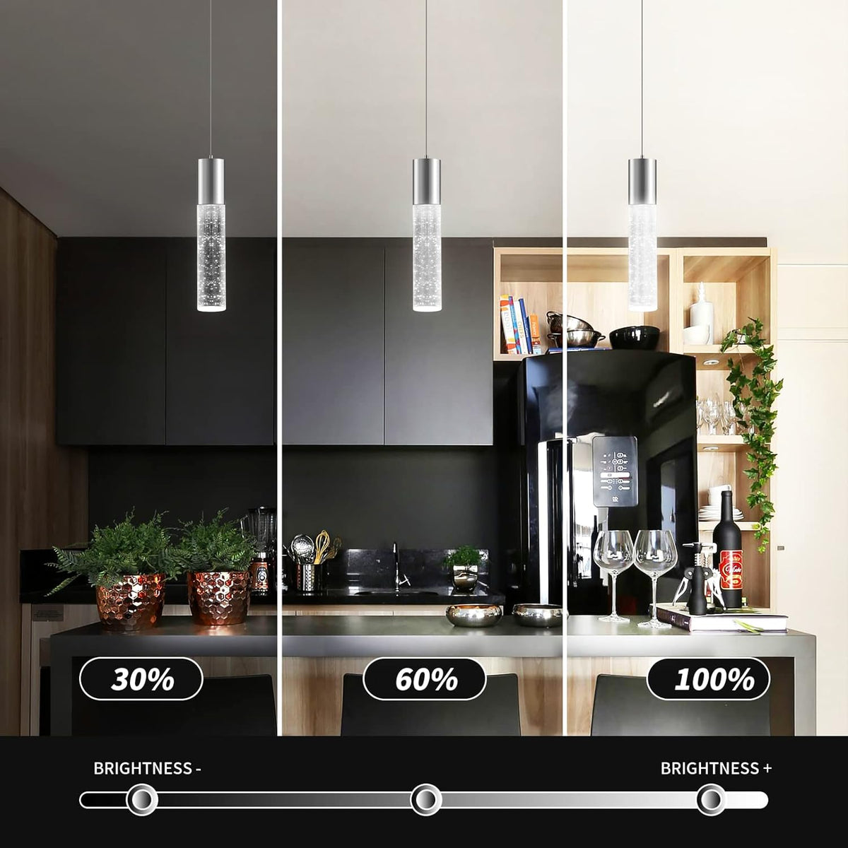 OKELI Modern Pendant Lights,LED Bubble Crystal Kitchen Island Light Fixtures,Chrome Mini Single Pendant Lighting for Kitchen Island,Bar,6W,6000K,ETL,3Pack
