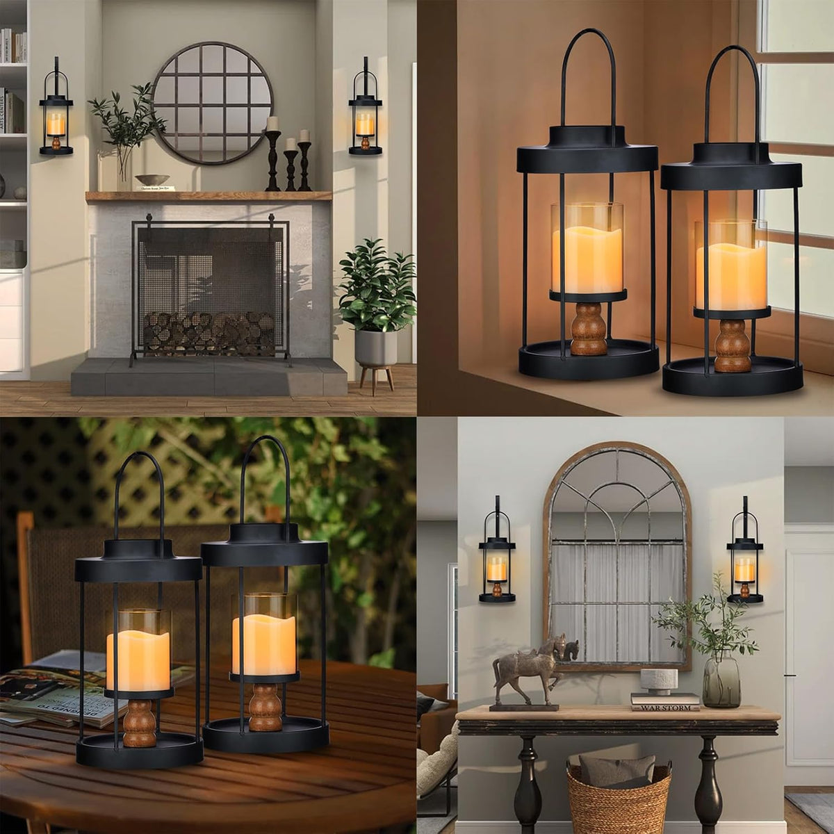 Metal Wall Sconce Candle Lantern Set of 2 - Black Wall Mounted Wood and Metal Hanging Holder with Glass & Candles Vintage Wall Decor for Porch, Living Room, Dining Room, Bedroom Indoor Decor