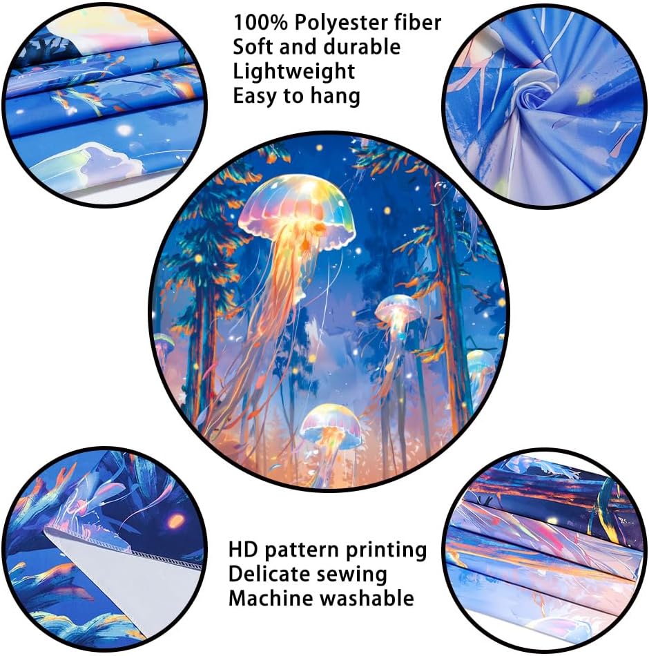Racunbula Blacklight Forest Jellyfish Tapestry UV Reactive Nature Tree Tapestry Trippy Fantasy Starry Sky Tapestries Aesthetic Jungle Plants Tapestries Wall Hanging for Bedroom