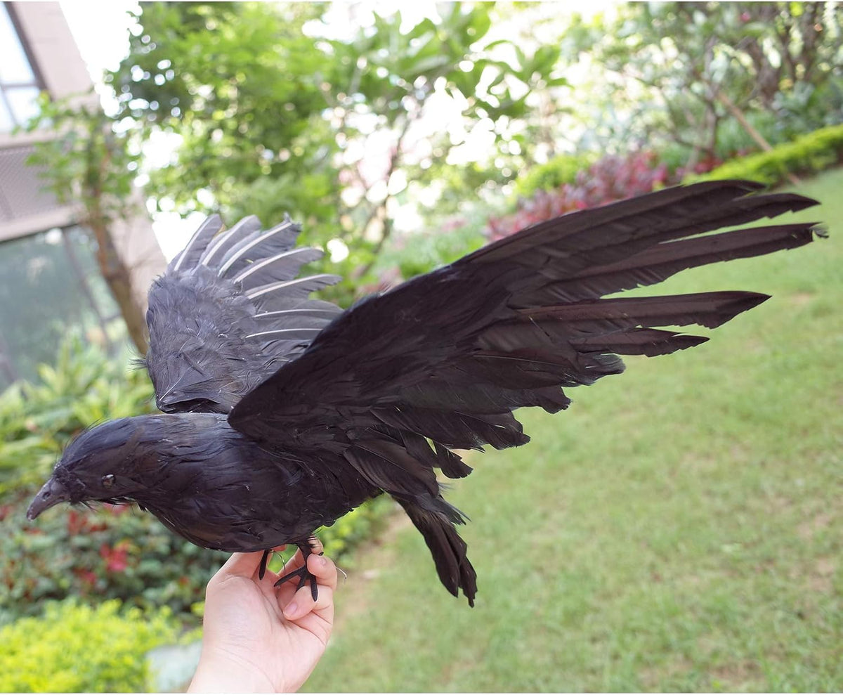 2-Pack Realistic Crows Lifesize Extra Large Handmade Black Feathered Crow for Halloween Decorations Birds, XL (15 inch+15 inch)