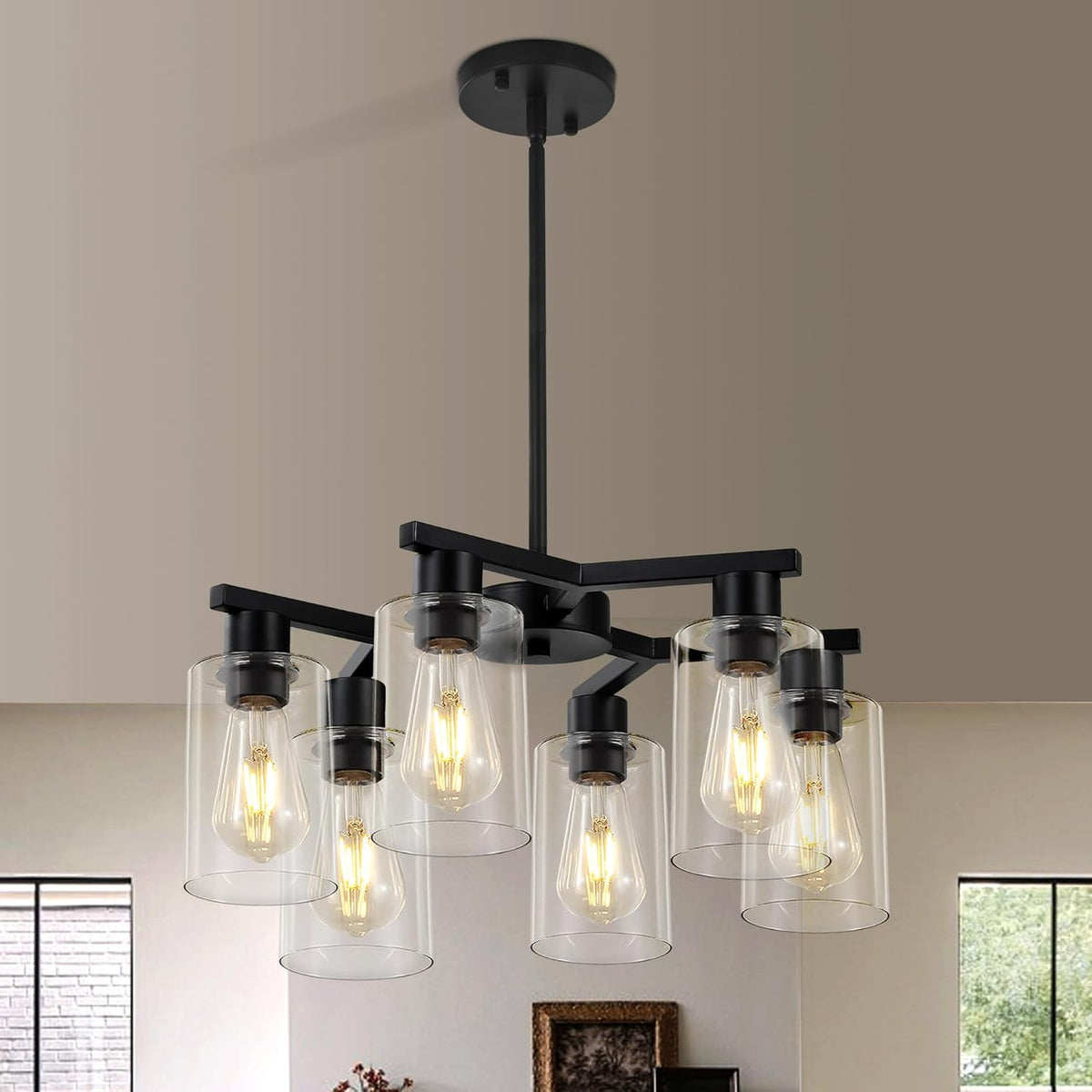6-Light Modern Farmhouse Black Chandelier, Dining Room Light Fixture Over Table Adjustable Height Hanging Industrial Pendant Lights Kitchen Island, Clear Glass Shade