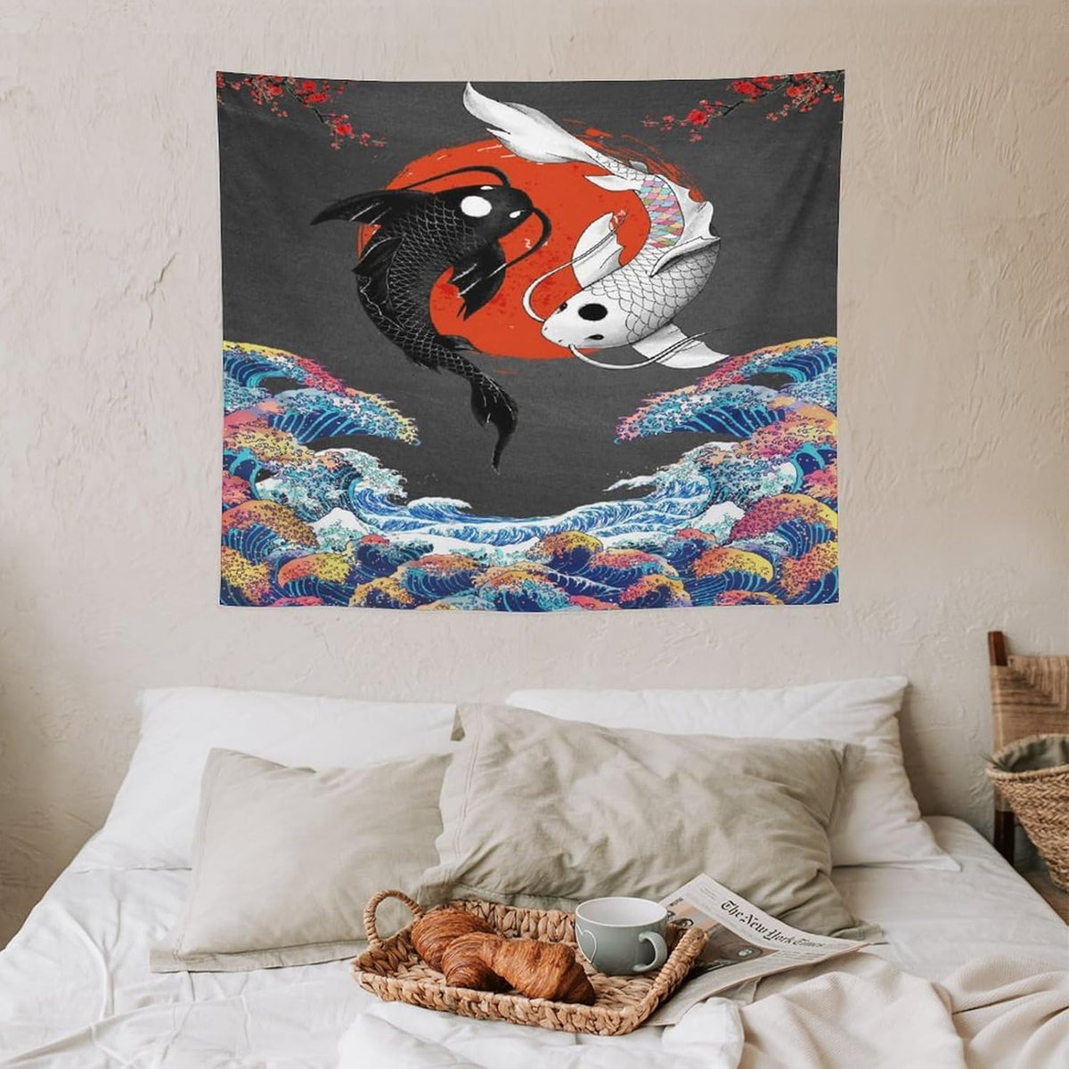 Houselerax Japanese Koi Fish Tapestries, Yin Yang Big Wave Cherry Blossom Tapestry Wall Hanging for Bedroom Living Room Office Decor 60"x50"