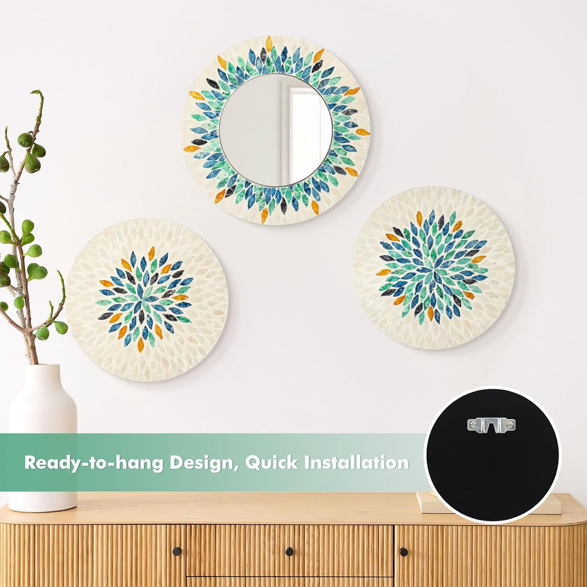 TEIPAI Jewel-Tone Mother of Pearl Mirror Wall Decor for Living Room, 3PCS Handmade Round Wall Art for Home Guest Room Decoration, Unique Mosaic Art Gift for Birthday Wedding Housewarming (Colored)