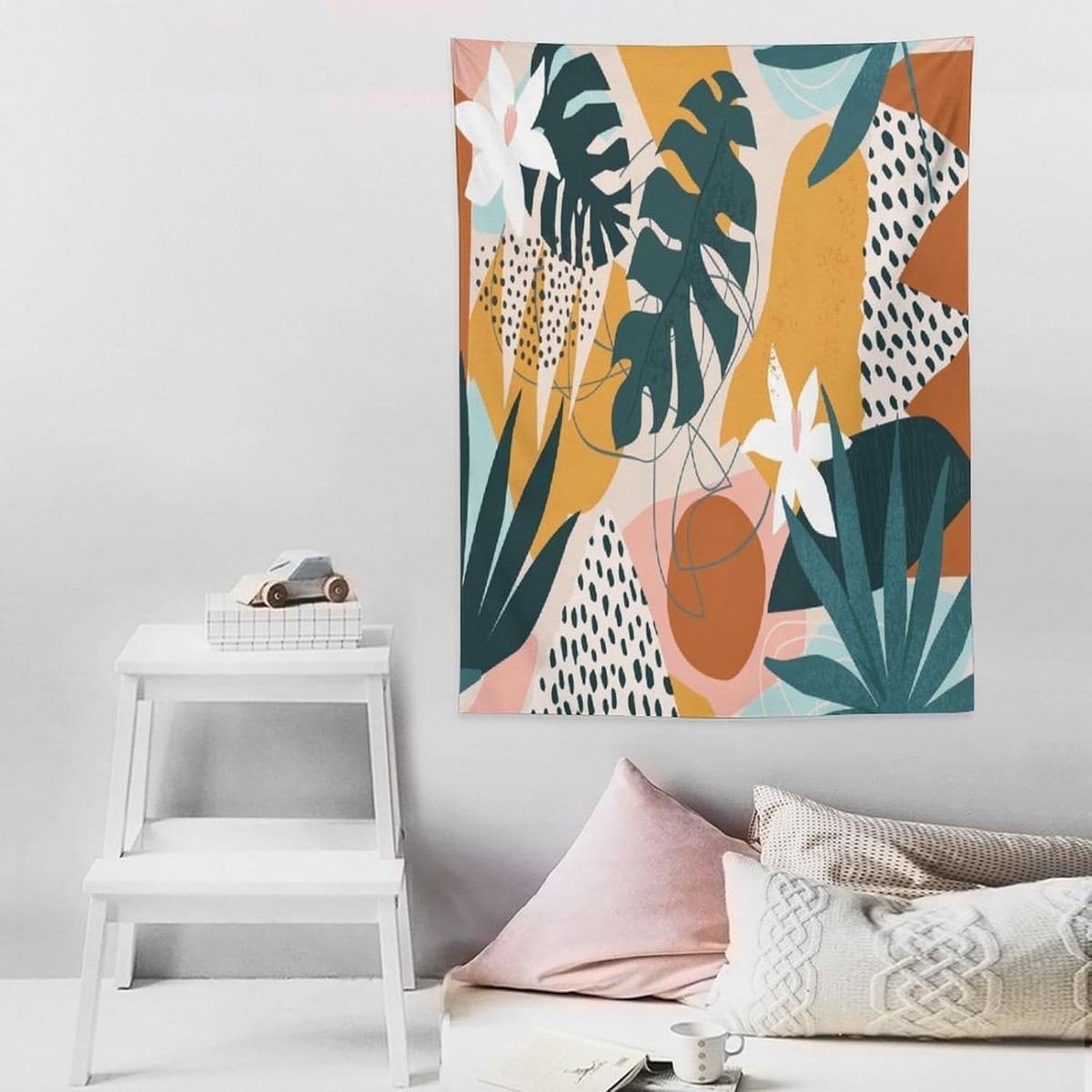Abstract Bohemian Mid Century Tapestry, Tropical Leaves Modern Geometric Archway Minimalist Bohemian Botanical Aesthetic Wall Hanging, Sage Green Gold Home Decor Art for Bedroom 60x60 Inch