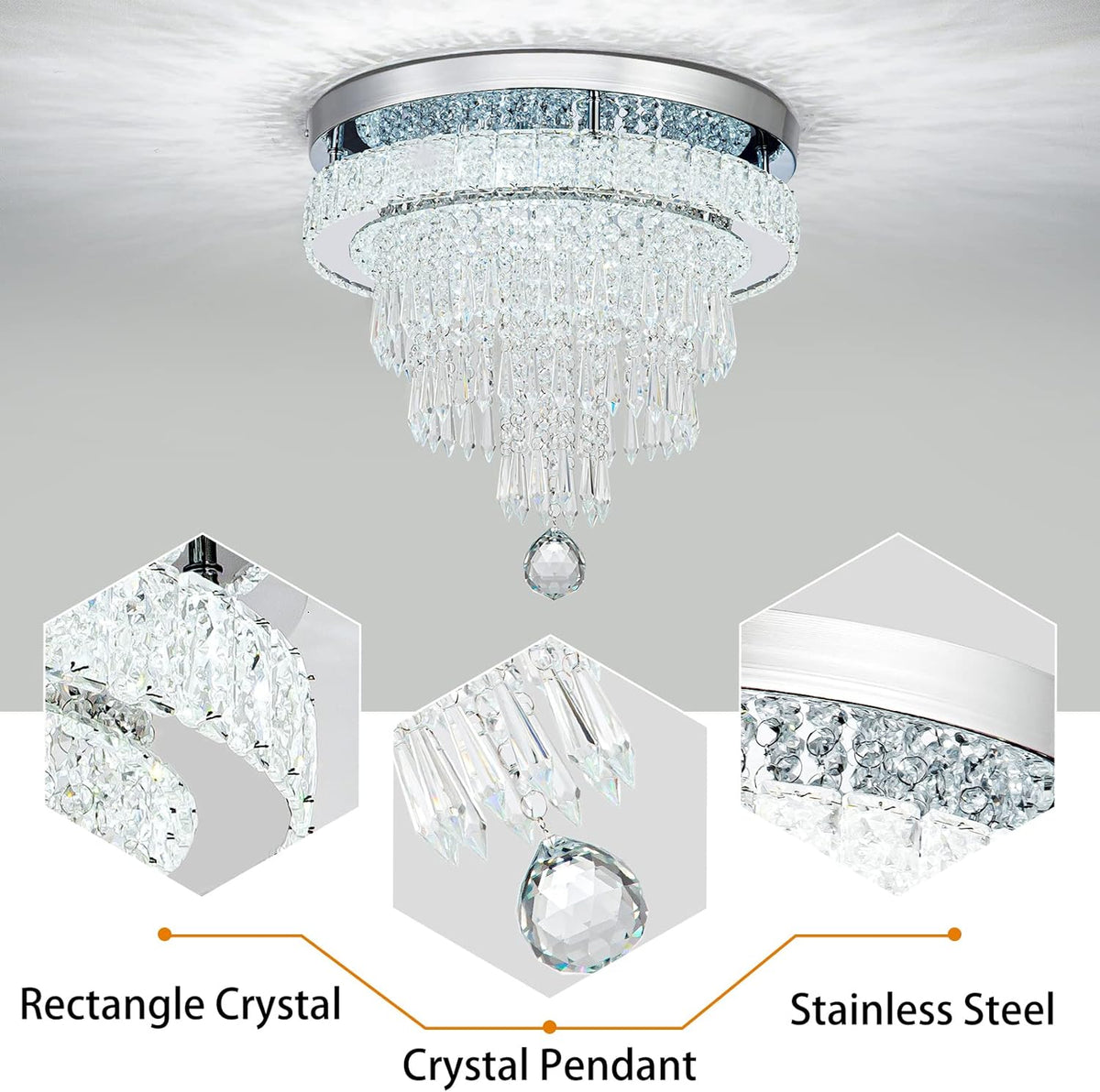16“ Crystal Chandeliers Round Modern LED Chandelier Light Flush Mount Ceiling Light Fixtures with Remote Control for Bedroom Living Room Dining Room (dimmable)