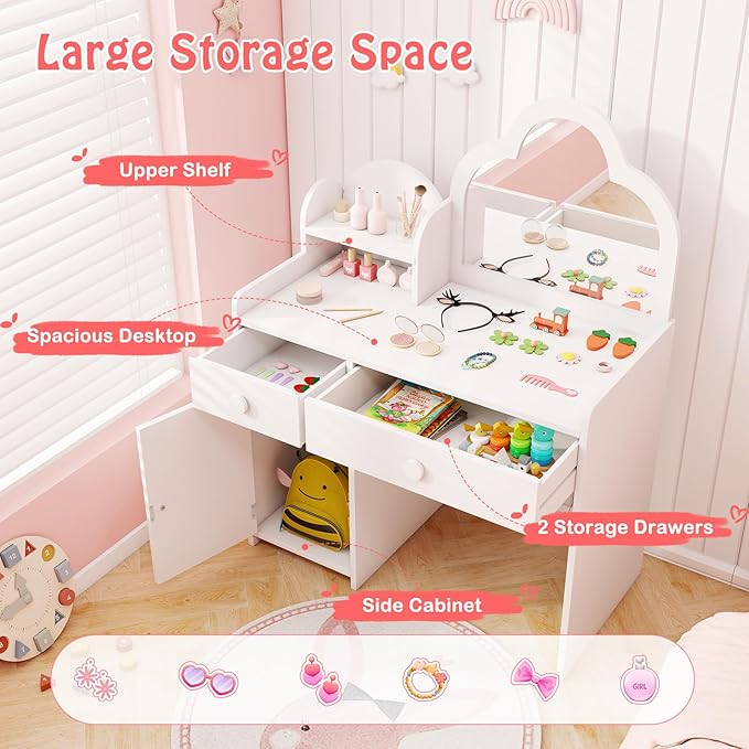 HONEY JOY Kids Vanity, Cloud Shape Wooden Girls Vanity Set with Mirror and Stool, Drawers, Storage Cabinet, Toddler Makeup Desk Dressing Table, Pretend Play Kids Vanity Table and Chair Set (White)