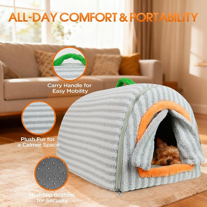 Dog House Indoor for Small Dogs, Grey, Medium | 2-in-1 Enclosed Dog Bed with Cover Cave & Curtain, Dog Tent with Plush Washable Cushion, Inside Dog House for Pets