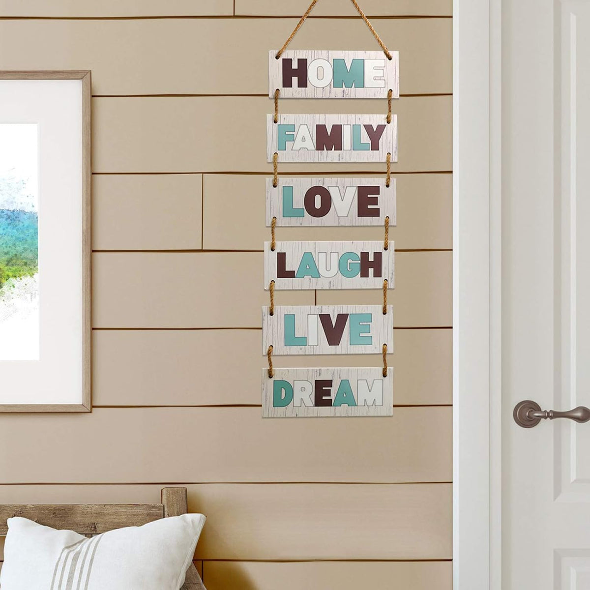 EXCELLO GLOBAL PRODUCTS Large Hanging Wall Sign: Rustic Wooden Decor (Family, Home, Love, Laugh, Live, Dream) Hanging Wood Wall Decoration (11.75" x 32")