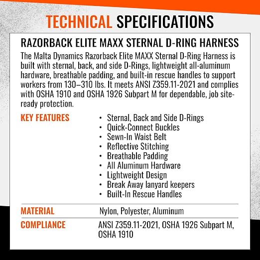Razorback Elite MAXX - Safety Harness and Fall Protection Kit with Sewn in Lumbar Support Belt and Built-in Rescue Handles for Fall Arrest, OSHA & ANSI Compliant (XXLarge)