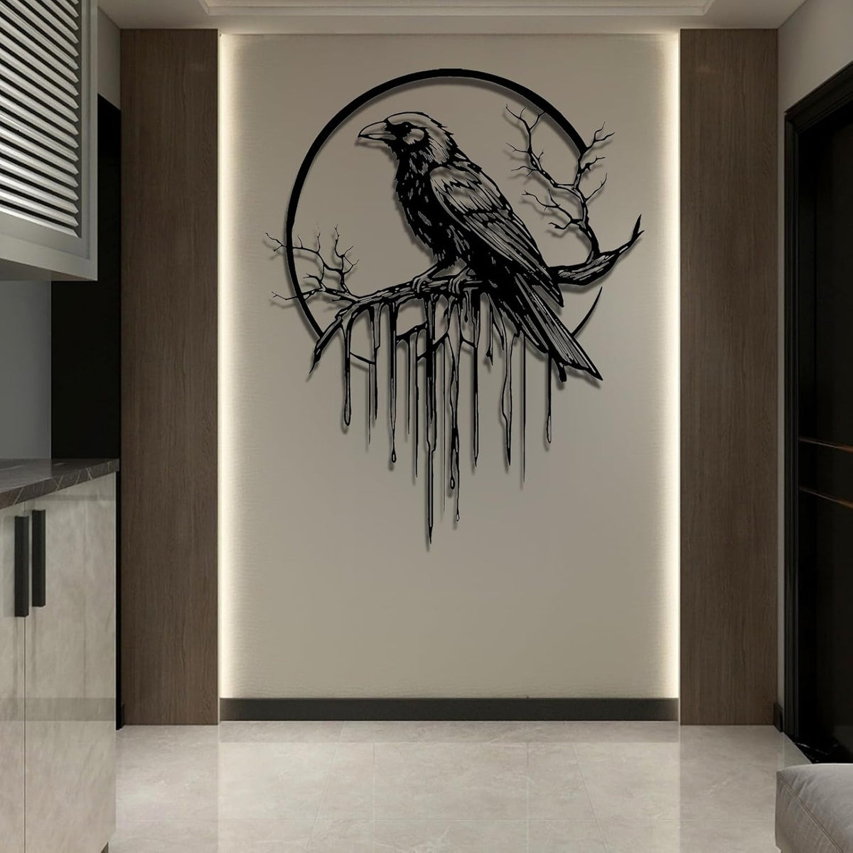 Crow Metal Wall Decor, Raven Wall Art, Large Gothic Raven Decor Hangings, Bird Wall Decor, Metal Tree Branch Decor, Ravens Sign, Raven Art for Living Room (Gold, 31"x25" | 80x64cm, metal wall art)