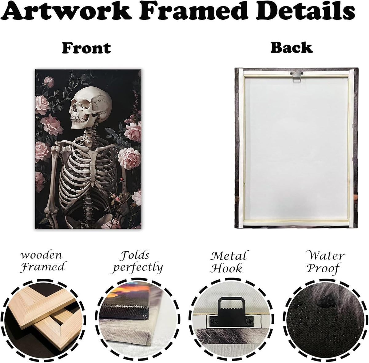 OAAPITI Skull Floral Wall Art Vintage Skeleton Portrait Canvas Print Dark Gothic Skull Art for Living Room Bedroom Home Wall Decor Ready to Hang(Artwork-10,24"x36")