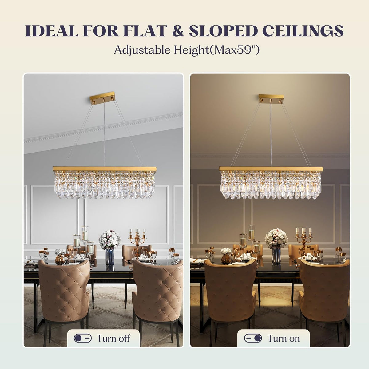 Modern Gold Crystal Chandelier,Rectangular K9 Crystal Raindrop Light Fixture,6 Light Rectangle Chandeliers for Dining Room Living Room Kitchen Island L31.5''xW10''xH10''