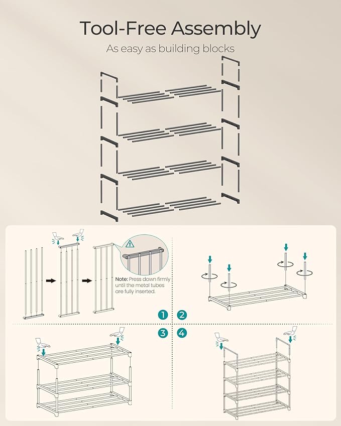 SONGMICS Shoe Rack, 4-Tier Shoe Organizer, Metal Storage Shelf, Upright or Upside Down, for 10-15 Pairs, Stackable, for Entryway, 11.8 x 26.8 x 29.5 Inches, Black ULSA204B01