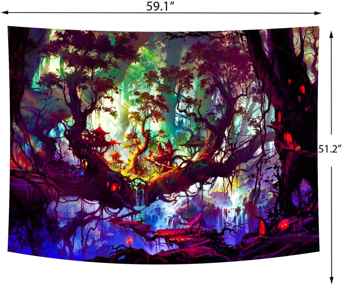 Delur Fantasy Forest Tapestry Mystical Landscape Magical Enchanted Forest Tree Nature Tapestry Psychedelic Wall Hanging Headboard for Bedroom Living Room Home Decor (51.2" x 59.1")