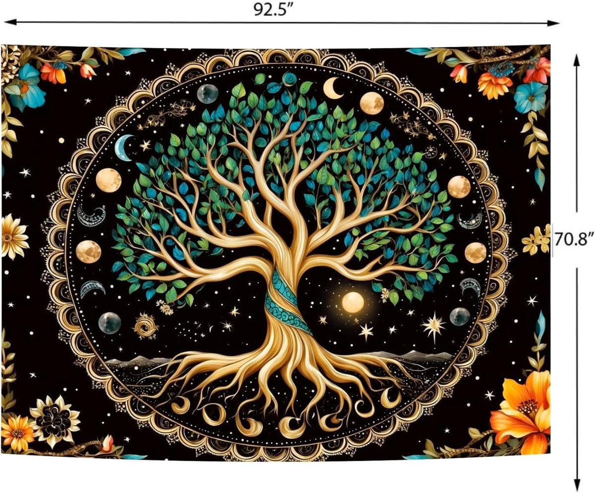 Delur Tree of Life Tapestry Moon Phase Nature Flower Plant Tapestry Wall Hanging Boho Mandala Spiritual Sun Aesthetic Psychedelic Headboard for Bedroom Living Room Home Decor (70.8" x 92.5")