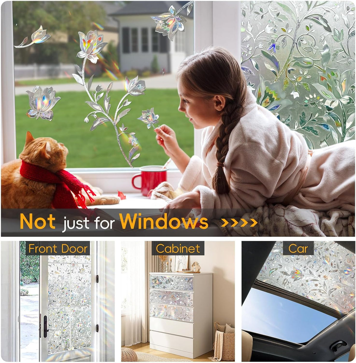 Rainbow Window Privacy Film Decorative, Stained Glass Window Tint for Home, 3D Decals Window Clings for Glass Windows, Static Cling Window Sticker, Suncatcher Window Cover,45.2" by 78.74"
