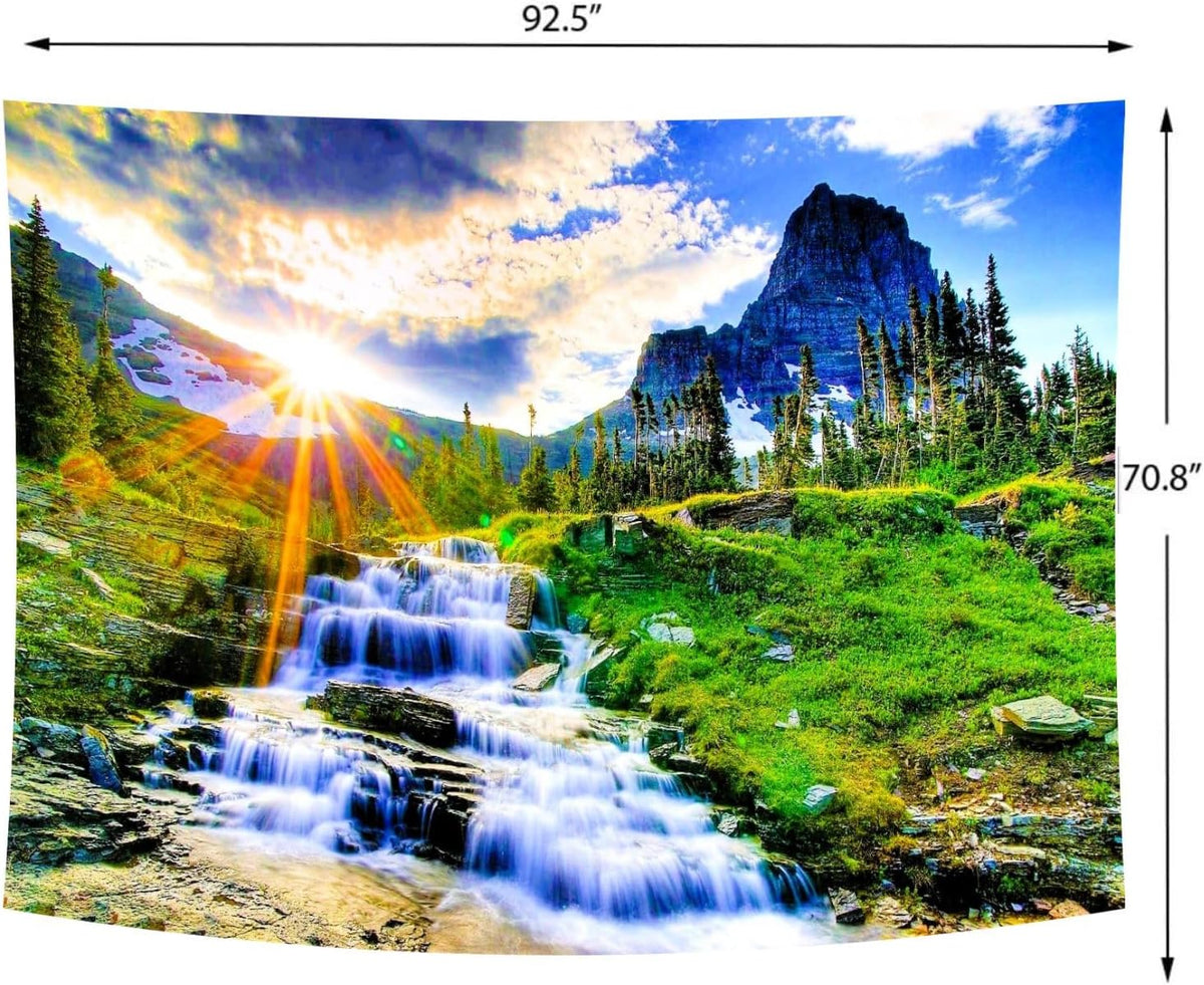 Delur Mountain Waterfall Tapestry Sunset Forest Tree Nature Landscape Tapestry Wall Hanging Tropical Sunrise Rainforest Psychedelic Scenic Headboard for Bedroom Living Room Home Decor (70.8" x 92.5")