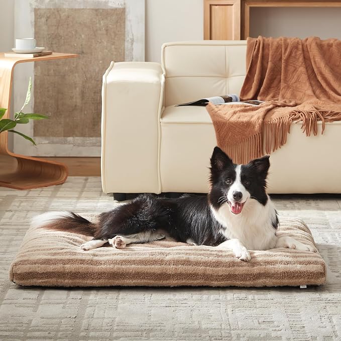 FURTIME Washable XL Dog Bed for Extra Large Dogs, Deluxe Dog Crate Beds | Comfy Fluffy Kennel Pad Anti-Slip Pet Sleeping Mat, Machine Washable Dogs Pillow, 44"x32"x4", Brown