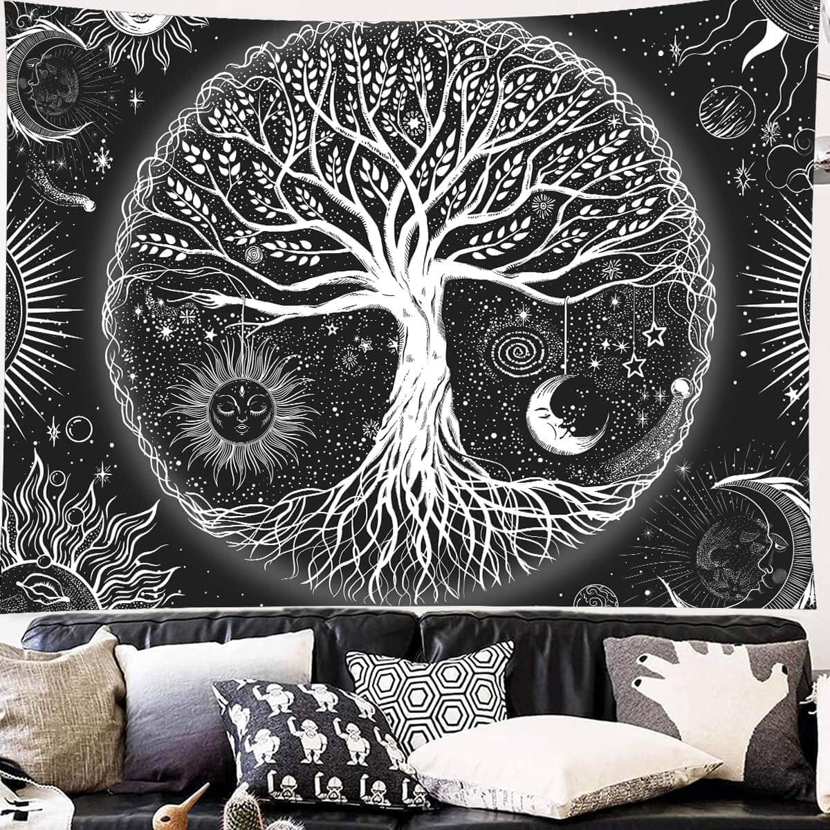 FORATER Tree of Life Tapestry Wall Hanging, Sun and Moon Aesthetic Wall Tapestry Black and White Tapestries Home Decor for Living Room Bedroom(61 x 82 Inch, Black and White)