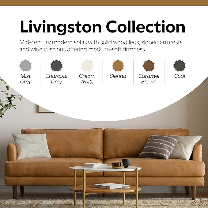 SIMPLIHOME Livingston 90-inch Wide Sofa in Sienna Top Grain Genuine Leather, Handcrafted Mid-Century Modern Couch for Living Room, Large 3-Seater with Feather-Wrapped Cushions and Solid Wood Frame