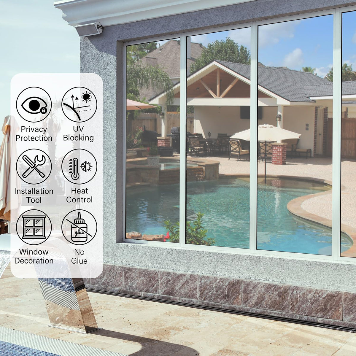 Kromapolis One Way Window Privacy Film Reflective Mirror Home Window Tint, Daytime Privacy Heat Control Anti UV Glass Tinting Static Cling (Silver, 45.2 x 393.7 inch)