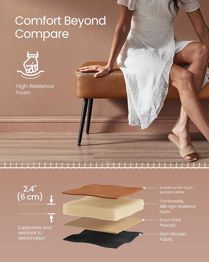 VASAGLE EKHO Collection - Bench for Entryway Bedroom, Synthetic Leather with Stitching, Ottoman Bench with Steel Legs, Living Dining Room, Mid-Century Modern, Loads 660 lb, Caramel Brown ULOM076K01