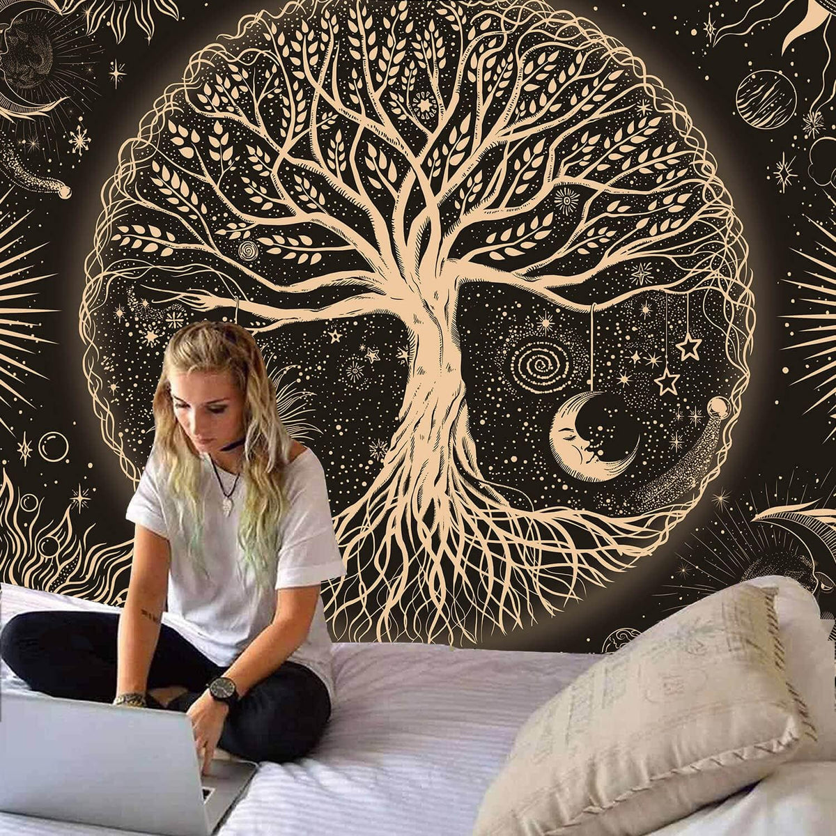 FORATER Tree of Life Tapestry Wall Hanging Sun Moon Stars Tapestries Aesthetic Galaxy Wall Tapestry Nature Home Decoration for Living Room Bedroom(61 x 82 Inch, Black and Gold)