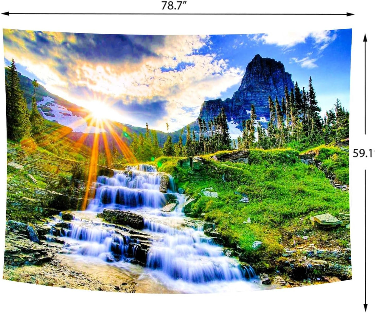 Delur Mountain Waterfall Tapestry Sunset Forest Tree Nature Landscape Tapestry Wall Hanging Tropical Sunrise Rainforest Psychedelic Scenic Headboard for Bedroom Living Room Home Decor (59.1" x 78.7")