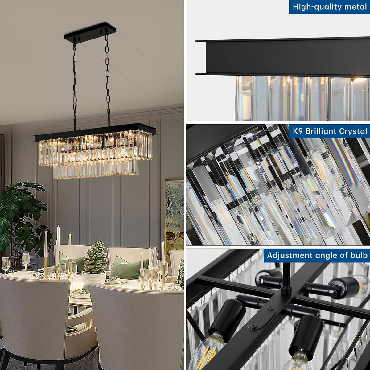 Black Crystal Chandeliers for Dining Room Light Fixtures Over Table,9-Lights Modern Rectangle Chandeliers for Kitchen Island Bar L28 Inch