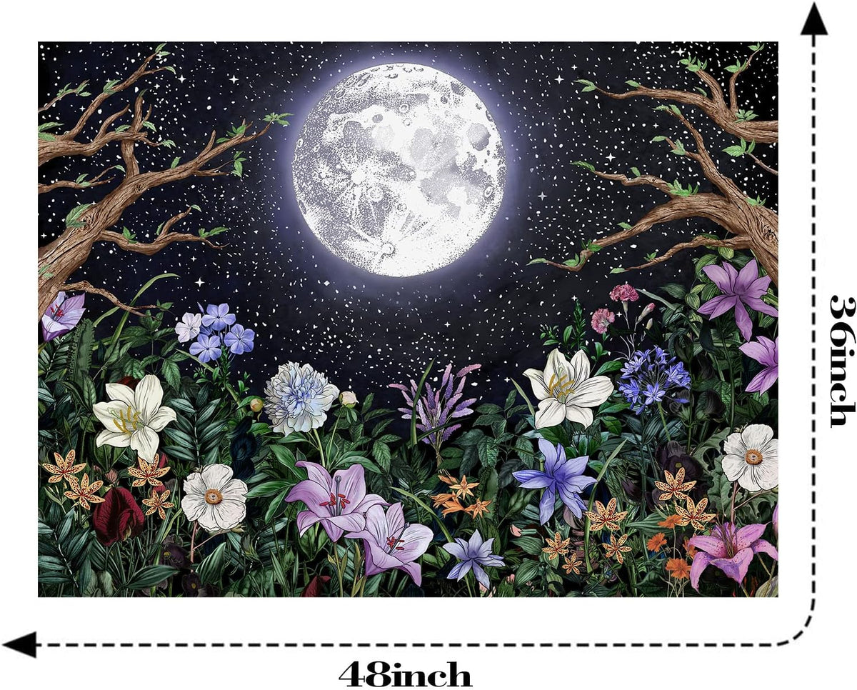 Neasow Aesthetic Moon Garden Tapestry Wall Hanging, Night Landscape with Colorful Plants Floral Tapestries for Bedroom Home Decor Multi Color 36×48 inch (90cm×120cm)