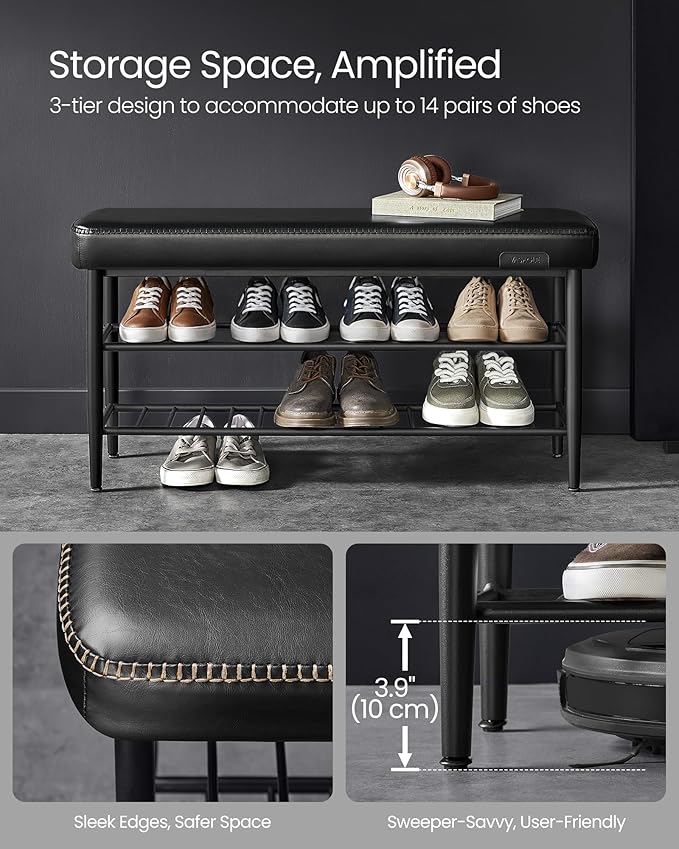 VASAGLE EKHO Collection - Shoe Rack Bench, Storage Bench for Entryway, Synthetic Leather with Stitching, Mid-Century Modern, Loads 300 lb, 11.8 x 39.4 x 19.7 Inches, Ink Black ULSB113B01
