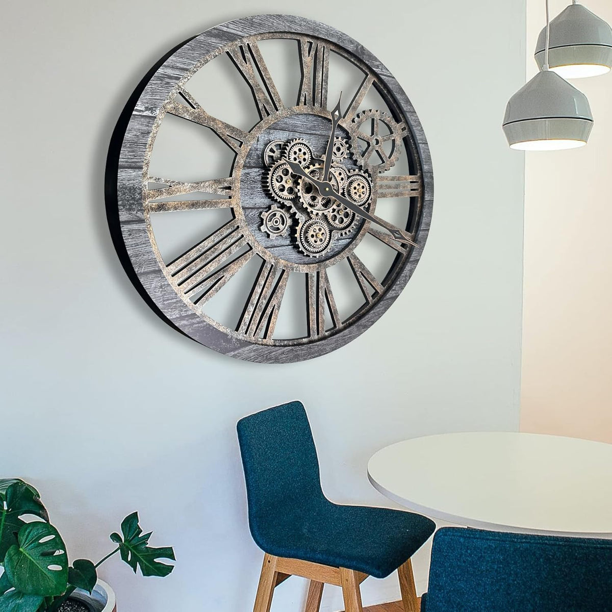 The B-Style Large Real Moving Gears Wall Clock 30 inch Rustic Retro Industrial Farmhouse Wood Clock Oversized Decorative Vintage Wall Clocks for Living Room (Carbon Gray)