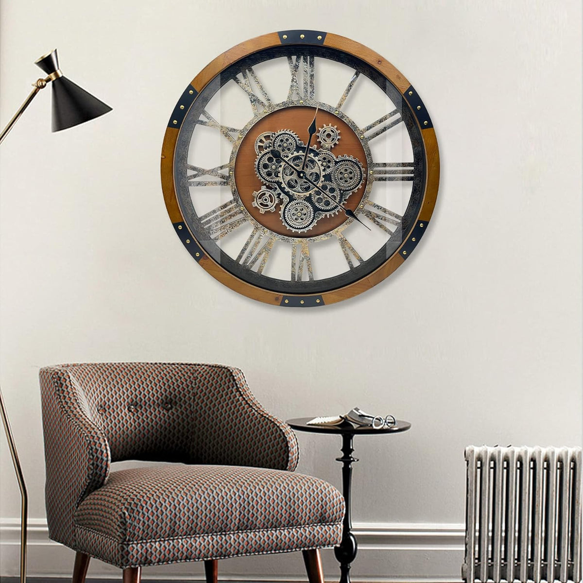 DORBOKER 24" Original Moving Gears Wall Clock, Large Industrial Wall Clock for Living Room Decor, Retro Wood Vintage Farmhouse Steampunk Rustic Clocks for Wall Decor,Brown Nanmu