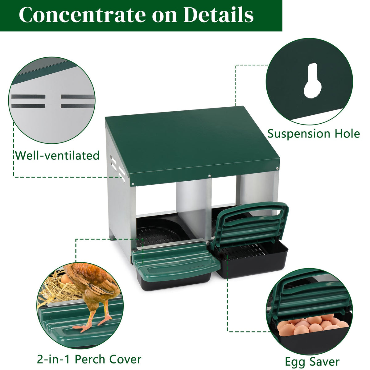 2 Compartments 54x52x47cm Pitched Roof House Iron-plastic Green Chicken Feeding Trough