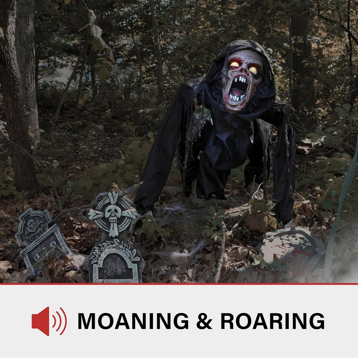 Haunted Hill Farm Scary Crouching Zombie, Halloween Animatronic with Touch Activated Lights and Sounds, Battery Operated Indoor or Covered Outdoor Halloween Decorations, Creepy Halloween Props