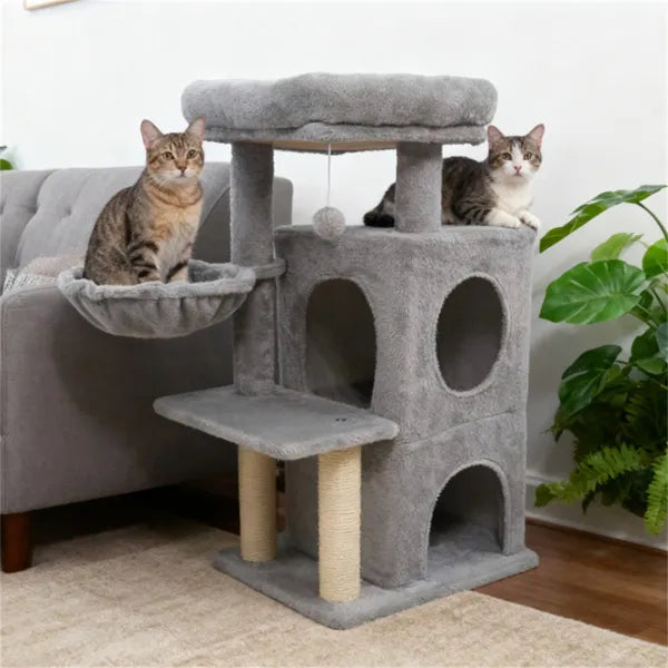 Light Gray 33.5" Multi-Level Cat Tree With 2-Tier Condo, Sisal Scratching Posts & Anti-Toppling Device For Cats